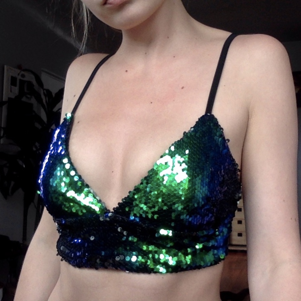 Blue Green Black Sequin Crop Top Rave Festival